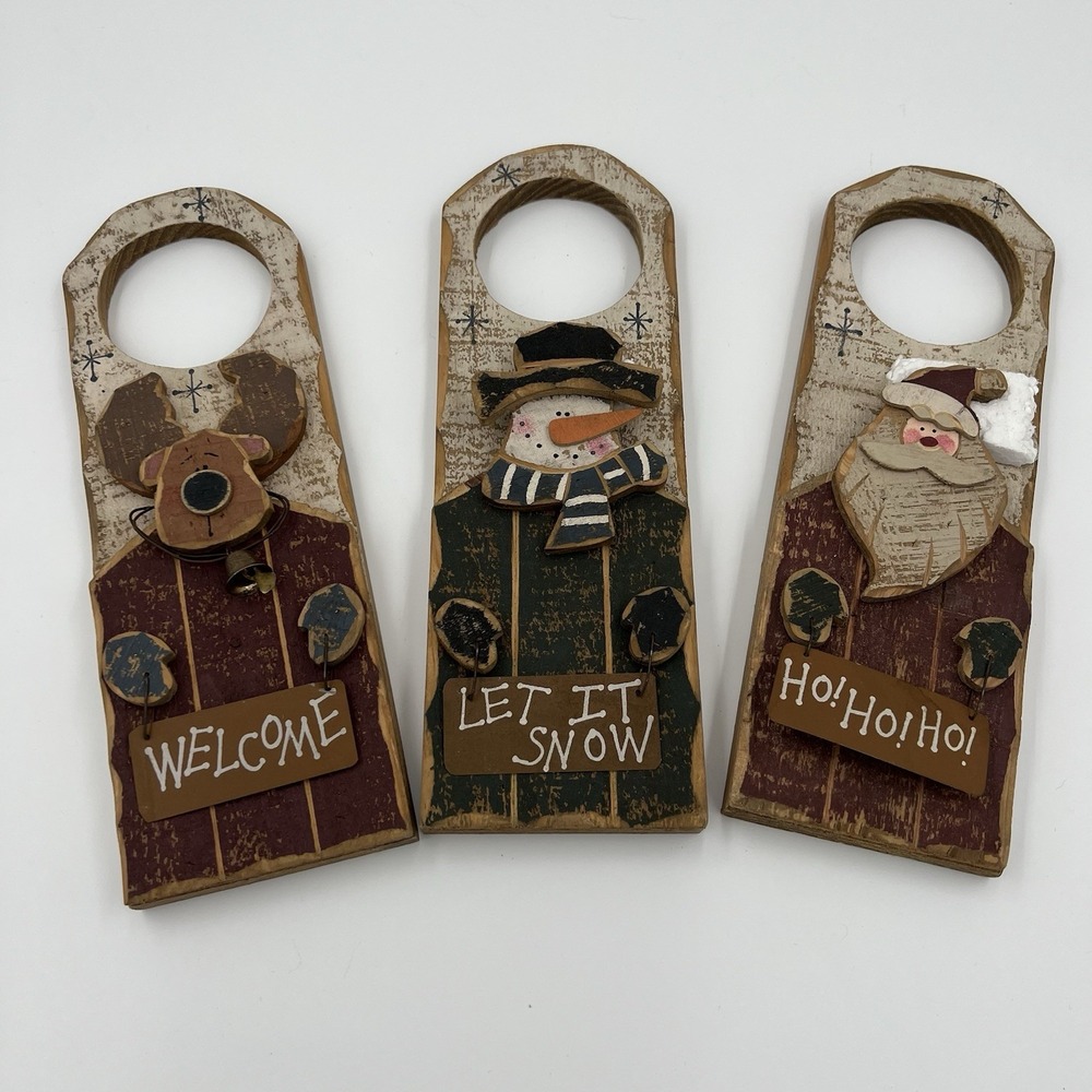 Wooden Rustic Door hangers Lot of 3 Christmas Cabin Frosty Santa Holiday‎ moose